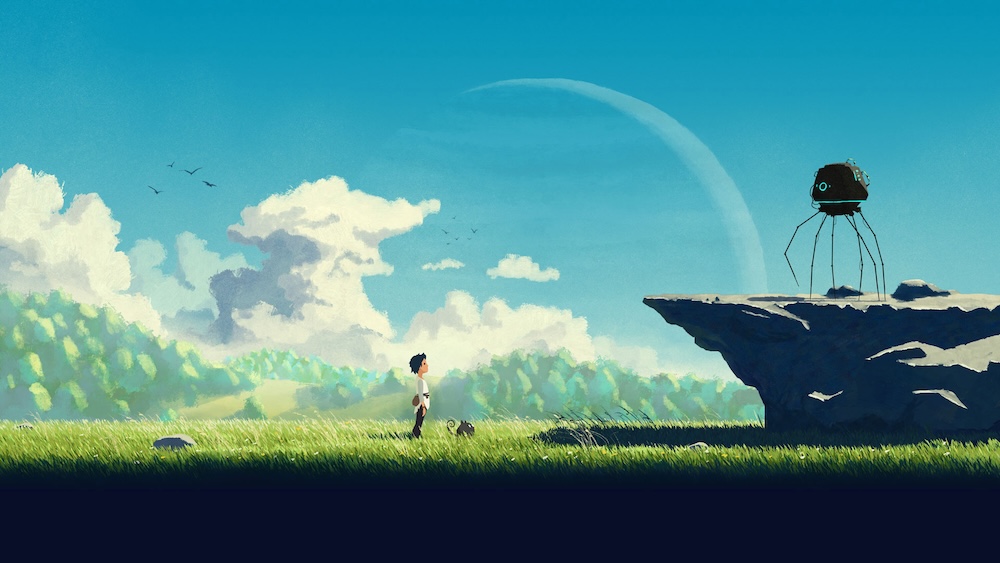 Image du jeu Planet of Lana II avec le personnage et son animal dans une prairie verdoyante, regardant une forme de robot sur un rocher en surplomb