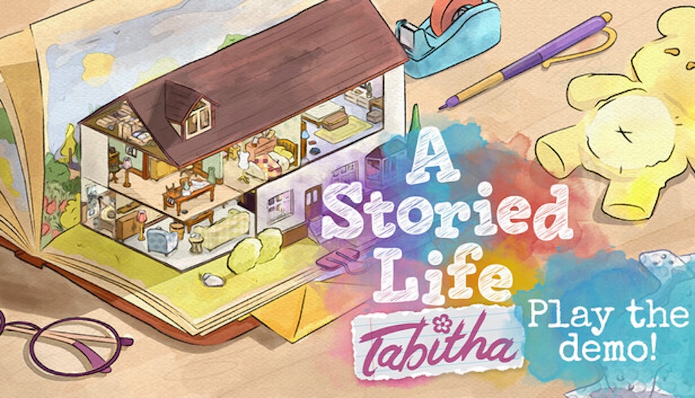  Tabitha avec un livre où une maison en pop-up avec les pièces apparentes est déployée et des objets du quotidien posés à côté.